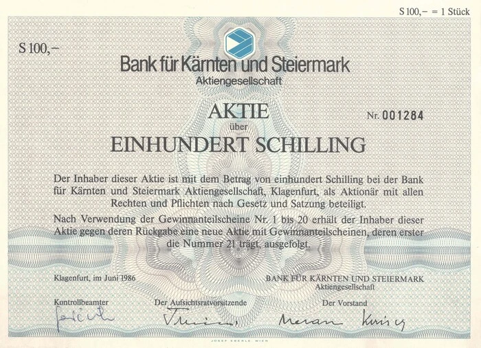 So haben die ersten Aktien im Jahr 1986 ausgesehen, die von der heutigen BKS Bank für ausgegeben wurden.