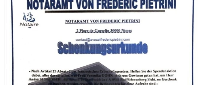 Falsches Zertifikat mit dem Schlagwort „Schenkungsurkunde“, das fett gedruckt ist