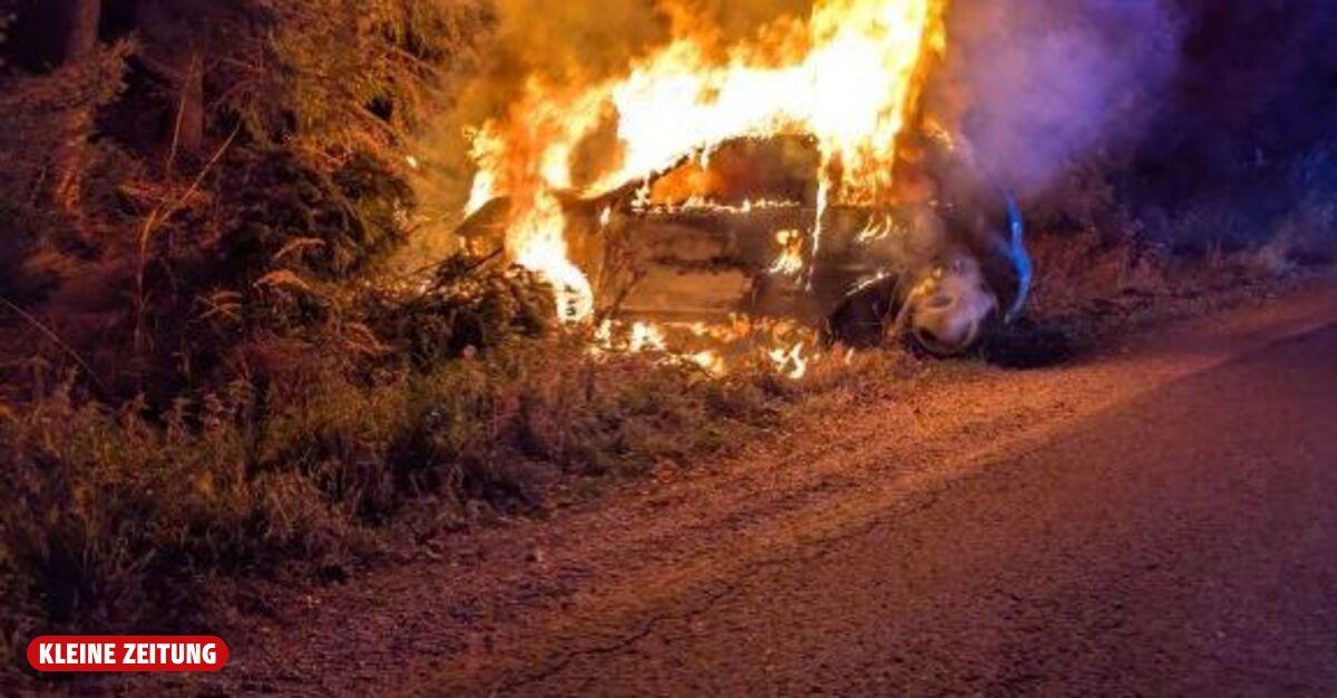 Drunken Styrian crashes, car bursts into flames