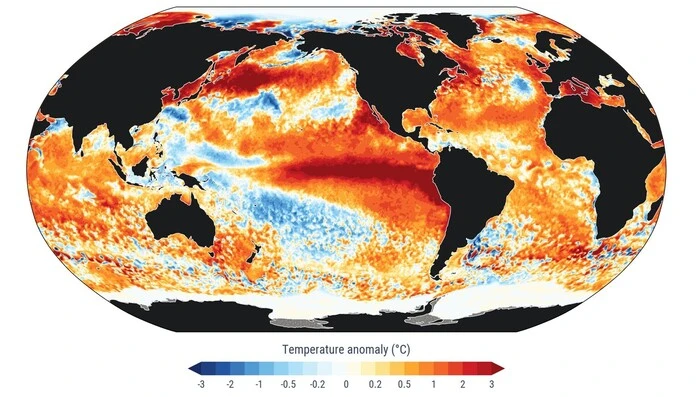 Weltkarte zeigt die Temperaturabweichungen der Weltmeere vom langjährigen Mittel
