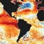 Thermische Weltkarte der Ozeane, große Flächen sind wegen überdurchschnittlicher Temperaturen rot eingefärbt