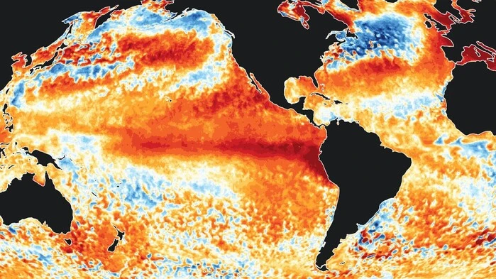 Thermische Weltkarte der Ozeane, große Flächen sind wegen überdurchschnittlicher Temperaturen rot eingefärbt