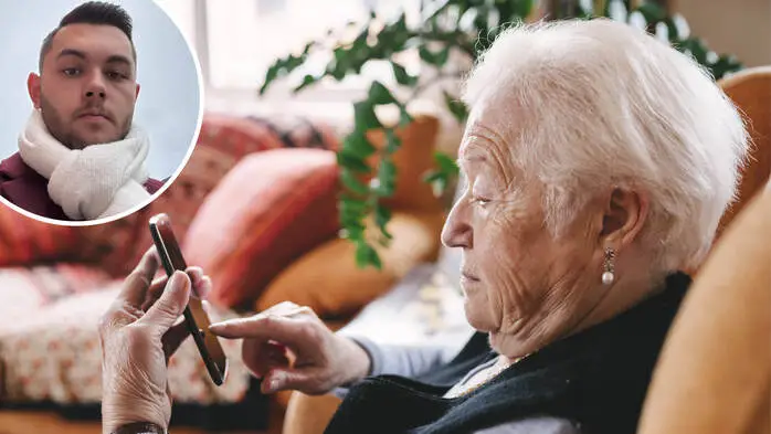 Auf einem Portraitbild ist Jonathan Costisella, ein junger Mann mit dunklen Haaren und Drei-Tage-Bart, zu sehen. Auf dem anderen Bild eine ältere Frau, die in einem Sessel sitzt und ihr Smartphone bedient.