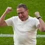 Austria's head coach Ralf Rangnick celebrates after their win in a Group D match between the Netherlands and Austria at the Euro 2024 soccer tournament in Berlin, Germany, Tuesday, June 25, 2024. (AP Photo/Petr David Josek)