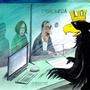 Karikatur von Bundesadler, der vor einem Computer sitzt und Menschen Auskunft gibt | Das Amtsgeheimnis soll in Österreich bald Geschichte sein