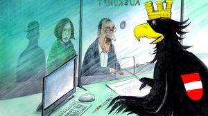 Karikatur von Bundesadler, der vor einem Computer sitzt und Menschen Auskunft gibt | Das Amtsgeheimnis soll in Österreich bald Geschichte sein