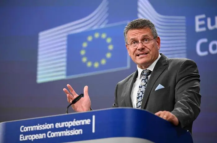 (FILES) Vice-President of the European Commission for Interinstitutional Relations, Maros Sefcovic, gestures as he speaks during a press conference following a meeting of the EU-United Kingdom Joint Committee and the EU-United Kingdom Partnership Council at the EU headquaters in Brussels, on May 16, 2024. The trade agreement with the Mercosur bloc is 
