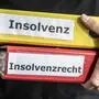 Ein Mann hält zwei Mappen, auf denen „Insolvenz“ und „Insolvenzrecht“ stehen, in Händen.