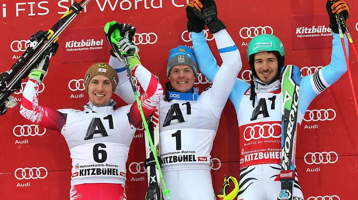 Das Siegertrio kann strahlen: Hirscher, Hargin und Neureuther