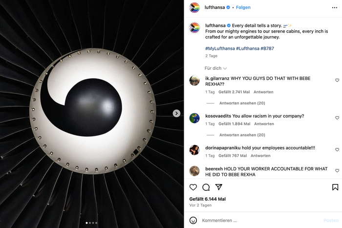 Fans verteidigen die Sängerin auf der Lufthansa Instagram-Seite