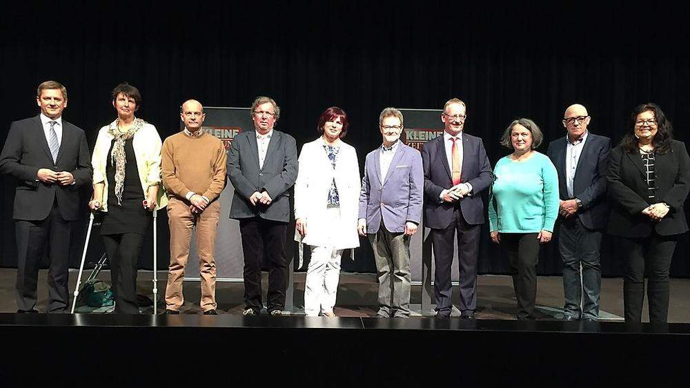 Neun Sptizenkandidaten für die Gemeinderatswahl 2015 stellen sich gerade im Audimax der Montanuni einer Podiumsdiskussion der Kleinen Zeitung