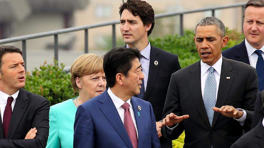 Renzi, Merkel, Abe und Obama im Vordergrund, Cameron und Trudeau dahinter 