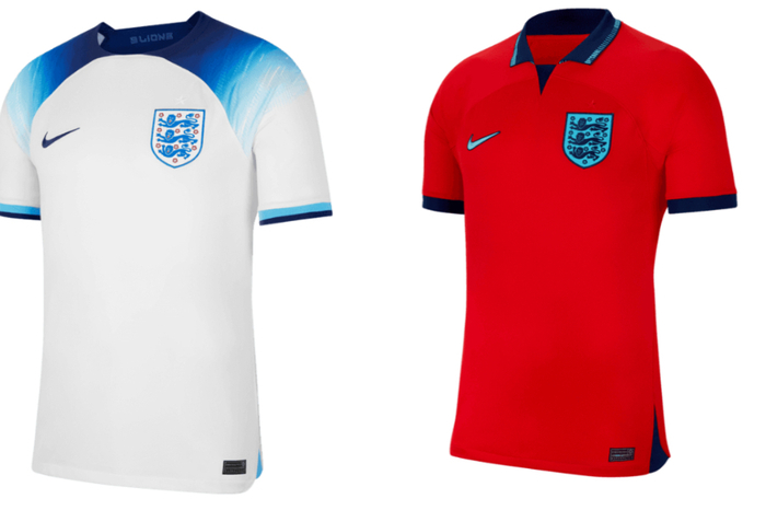Der Fünftplatzierte der FIFA-Weltrangliste tritt in klassischem weiß auf. Im Kragen-Schulter-Bereich hat Hersteller Nike nach außen heller werdende Blautöne eingebaut. Auswärts laufen die Three Lions in einem roten Trikot auf, mit dunkelblauen Streifen auf Kragen und Ärmel.