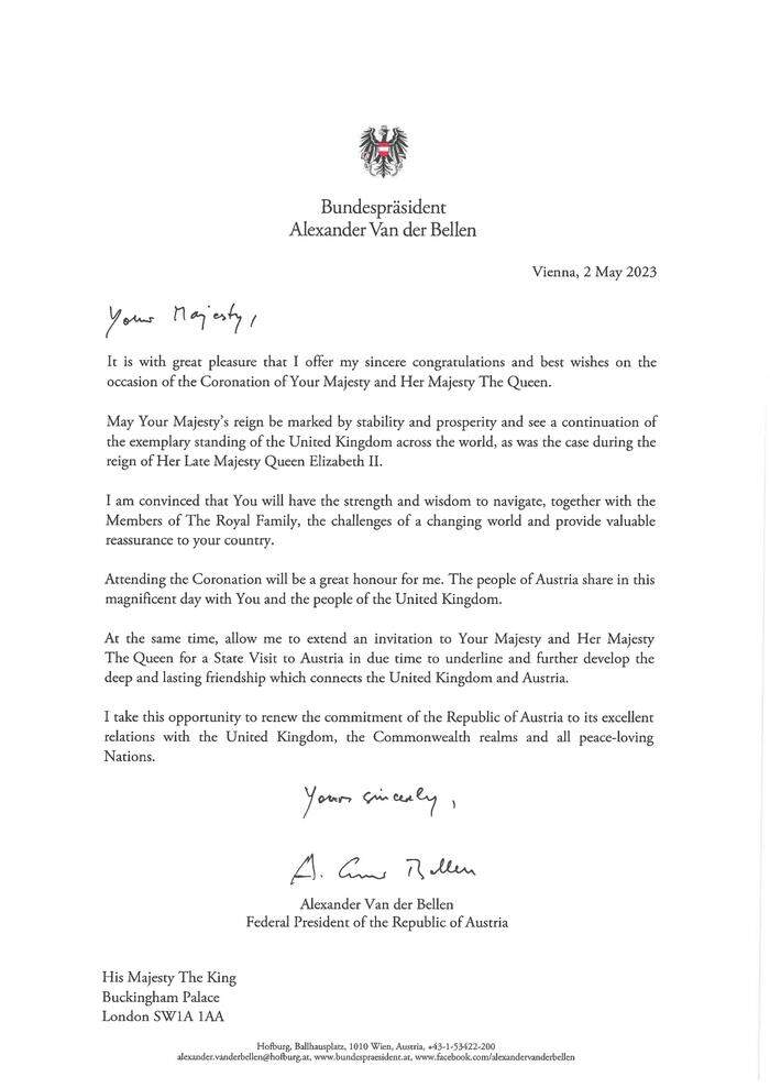 Das offizielle Glückwunschschreiben des Bundespräsidenten an den König