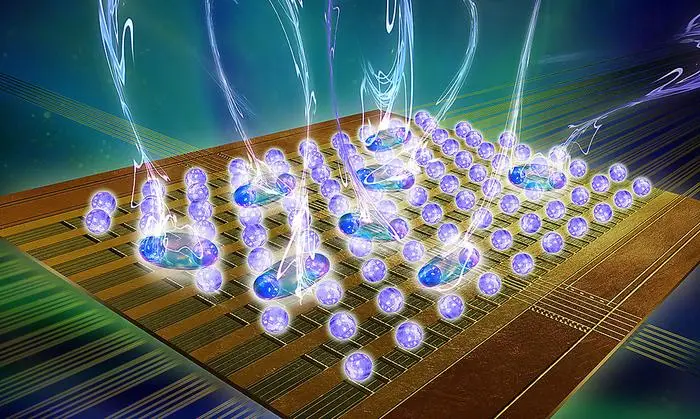 Visualisierung einer Ionenfalle. Quanten lassen sich mit Lasern gezielt ansteuern