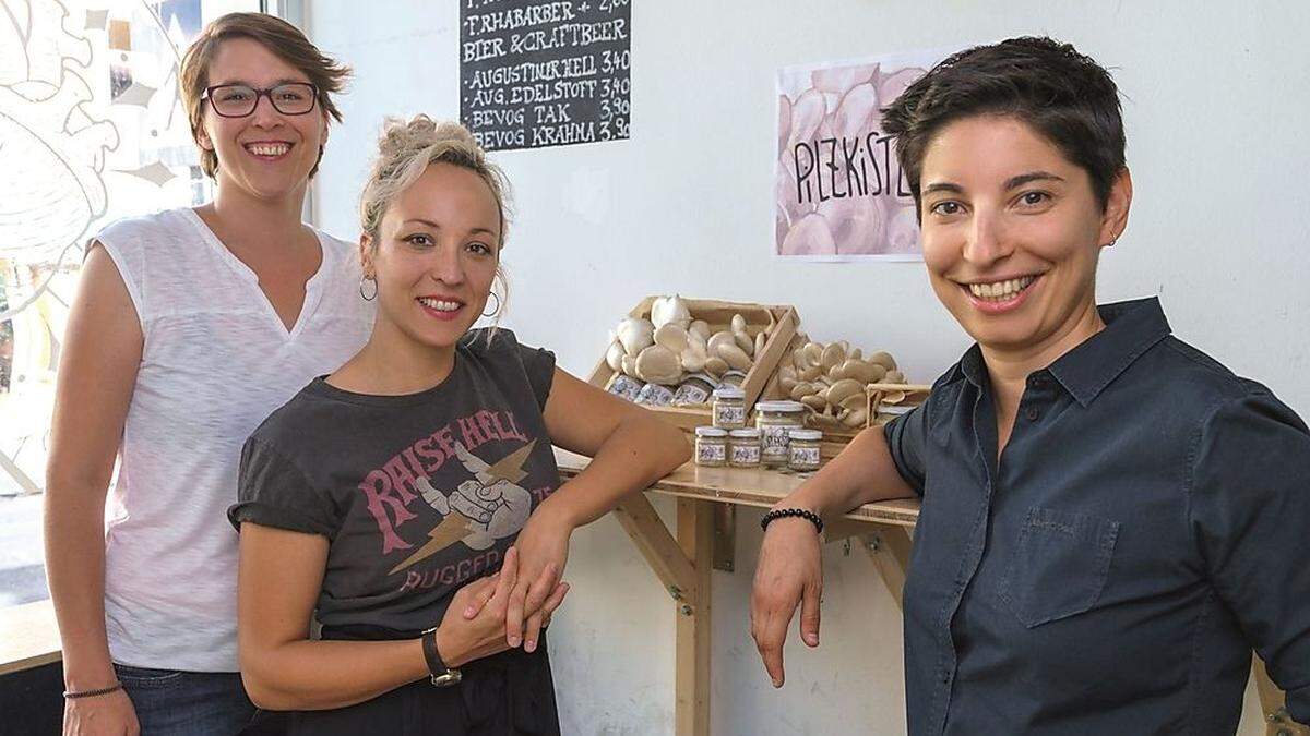 Die Pilzkiste-Geschäftsführerinnen Nina Bercko, Mercedes Springer und Jasmin Kabir (v.l.)