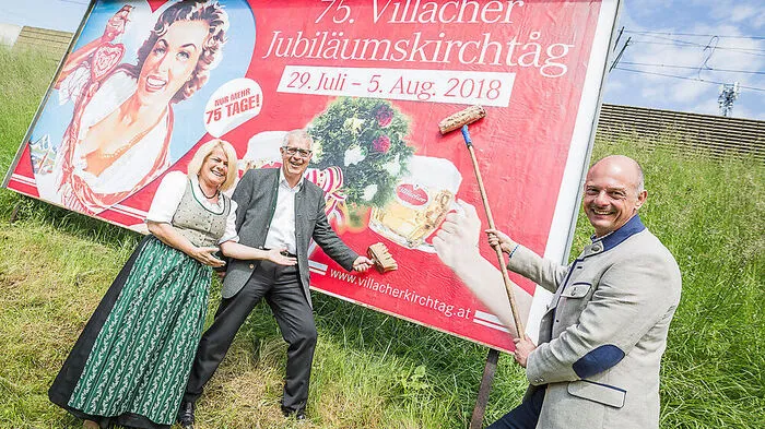 Kirchtagsobfrau Vizebürgermeisterin Sandriesser, Villacher-Bier-Vorstand Santler und Kirchtagsgeschäftsführer Presslinger (von links)
