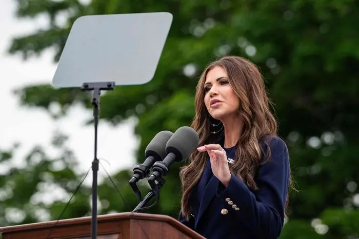 US Secretary of Homeland Security Kristi Noem speaks during the US Coast Guard Academy’s 144th Commencement in New London, Connecticut, on May 21, 2025. (Photo by JOSEPH PREZIOSO / AFP)