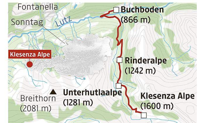Die Route zur Klesenza-Alpe