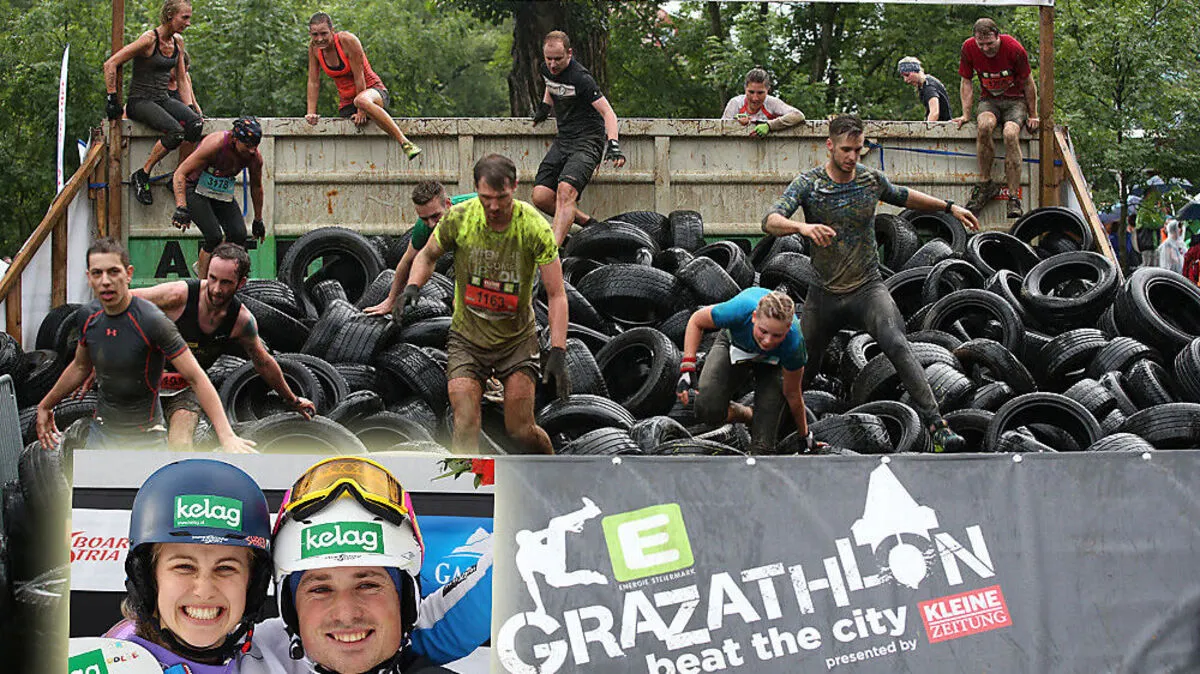 Die Kärntner Snowboarder Sabine Schöffmann und Alex Payer starten beim Härtetest, dem E-Grazathlon 