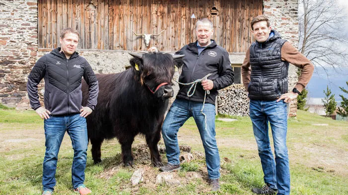 Von links: Christian und Walter Salbrechter mit Rudi Raunig. Mit "Una Dubh 1st vom Kraigerberg" holten sie sich jetzt in der weiblichen Kategorie den Sieg bei der ersten virtuellen österreichischen Hochlandrinderschau
