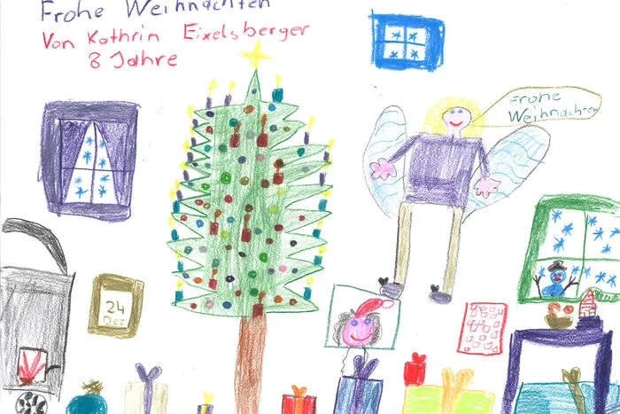 20. Dezember: Schickt uns eure Weihnachtsbilder! Diesen Aufruf startete die Kleine Zeitung zu Adventbeginn. Und diesem Aufruf ist auch Kathrin Eixelsberger (8) aus Feldkirchen gefolgt. Sie nahm Stifte und Papier zur Hand und machte sich ans Werk. Und dieses Bild, auf dem natürlich auch der Christbaum nicht fehlen darf, ist ihre Art, allen „Frohe Weihnachten“ zu wünschen. 