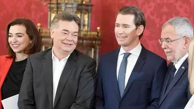 Alma Zadic, Werner Kogler, Sebastian Kurz und Alexander van der Bellen