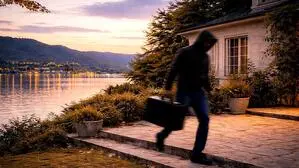 eine Villa am Wörthersee, im Vordergrund eine dunkle Gestalt, die einen Koffer trägt | Der Einbrecherkönig verließ die Villen am Wörthersee stets mit einem Koffer voller Beute