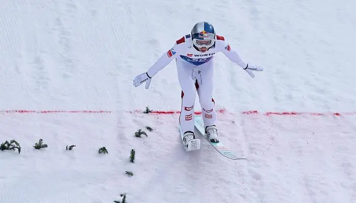 TRONDHEIM,NORWAY,08.MAR.25 - NORDIC SKIING, SKI JUMPING - FIS Nordic World Ski Championships, large hill, men. Image shows Daniel Tschofenig (AUT). Photo: GEPA pictures/ Thomas Bachun