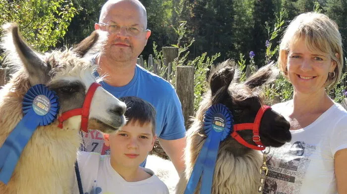 Florian und Ingrid Weger mit ihrem Neffen Elias Schlögl und den Lamas