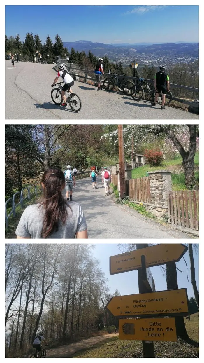 Plabutsch-Gipfel mit Mountainbikern und Wanderern, Aufstieg mit einigen Leuten zur Burgruine Gösting, Radler am Weg zum Fürstenstand