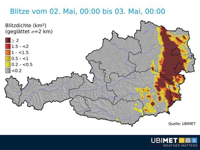 Blitzedichte am 2. und 3. Mai in Österreich 