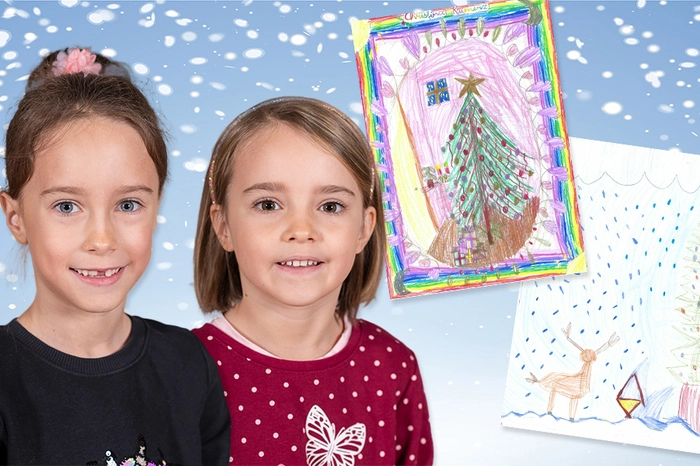 3. Dezember: Die Schwestern Katharina (5) und Christina (7) Kumerz aus Gallizien sind schon voll im Weihnachtsfieber. Das sieht man auch in ihren Kunstwerken. Ein prachtvoll geschmückter Weihnachtsbaum und ein Rentier mit Futterkrippe vorm Christbaum im Wald