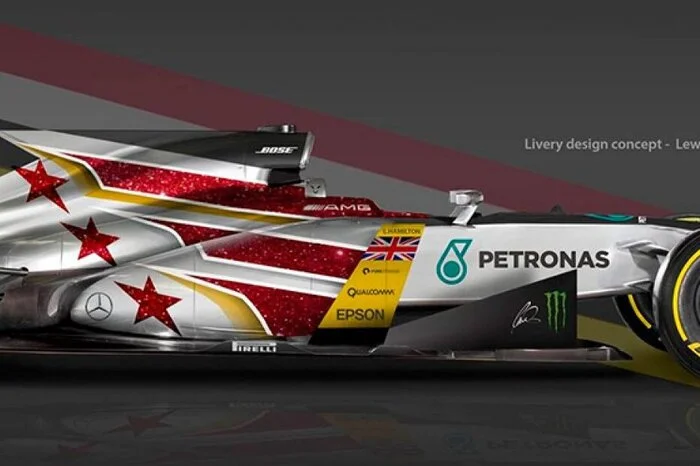 Ein Silberpfeil im Helmdesign von Lewis Hamilton