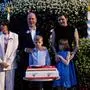 Princess Stephanie of Monaco (top-L), Prince Albert II of Monaco (top-C), Princess Charlene (top-R), and Prince Jacques (bottom-L) and Princess Gabriella (bottom-R) pose for a photograph during celebrations to mark the 100th anniversary of the late Rainier III, in Monaco, on May 31, 2023. The Principality of Monaco is celebrating the centenary of the birth of Rainier III,  whose reign was marked by a strong urban development of the Principality and was father of the current sovereign Albert II, with a programme of events that will continue throughout the year. (Photo by Daniel Cole / POOL / AFP)
