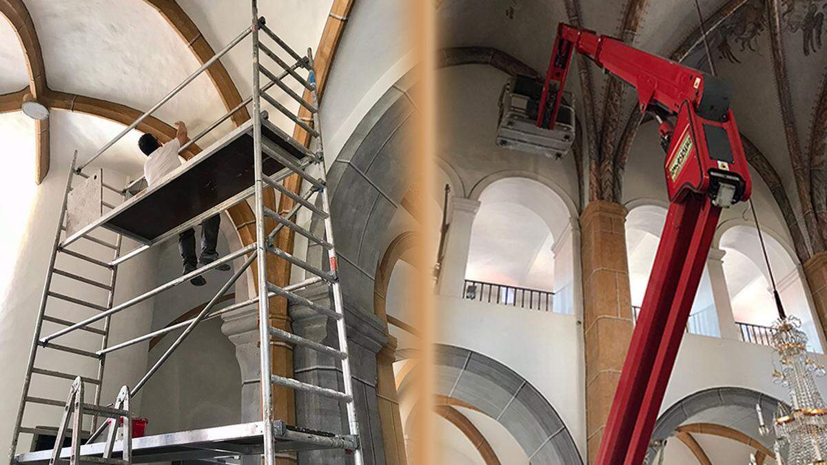 Mit Gerüsten und Hebebühne wird die Markuskirche renoviert 