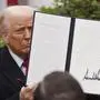 President Donald Trump holds a signed executive order during an event to announce new tariffs in the Rose Garden of the White House, Wednesday, April 2, 2025, in Washington. (AP Photo/Evan Vucci)