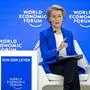 European Commission President Ursula von der Leyen gestures during a session at the World Economic Forum (WEF) annual meeting in Davos on January 21, 2025. (Photo by FABRICE COFFRINI / AFP)