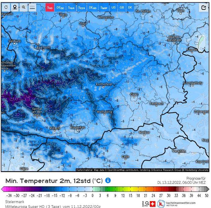 Dienstagfrüh wird es in vielen Teilen der Steiermark und Kärntens zweistellige Minusgrade geben