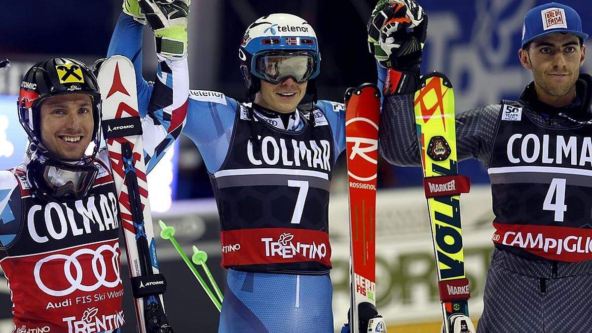 Das Siegertrio: Marcel Hirscher, Henrik Kristoffersen und Stefano Gross (von links)