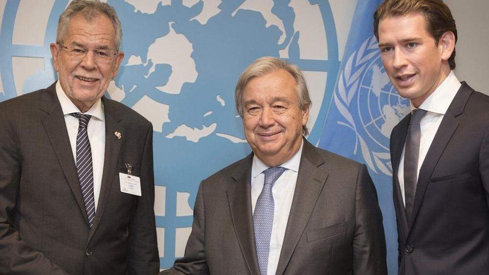 Alexander Van der Bellen, UNO-Generalsekretär Antonio Guterres und Außenminister Sebastian Kurz bei der Generalversammlung 2017