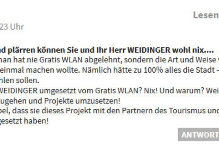 Auch hier eine Breitseite für ÖVP-Stadtrat Peter Weidinger und Dank für SPÖ-Bürgermeister Günther Albel.