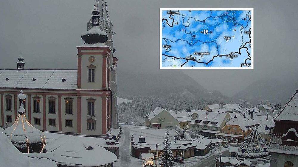 Tief verschneit zeigt sich Dienstagfrüh Mariazell. Kleines Bild: Temperatur-Prognose für Donnerstagfrüh
