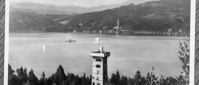 Ein hölzerner Turm im Bereich des Wörthersee-Ufers | Der Aussichtsturm anno 1931, gegenüberliegend der Schrottenturm