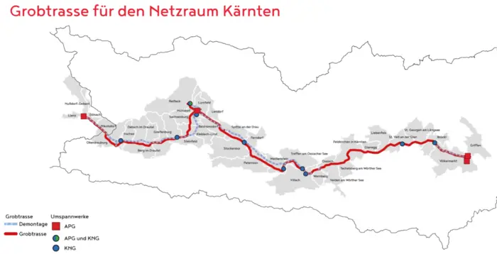 Die Grobtrasse der 380-kV-Leitung der APG