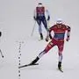 Hoesflot Johannes Klaebo of Norway, right, during the men's Cross Country sprint event at the Nordic World Ski Championships in Trondheim, Norway, Thursday, Feb. 27, 2025. (AP Photo/Matthias Schrader)