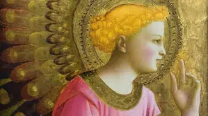 Ein Engel mit prächtigen Schwingen, gemalt zwischen 1450 und 1455 von Fra Angelico, dem großen italienischen Meister
