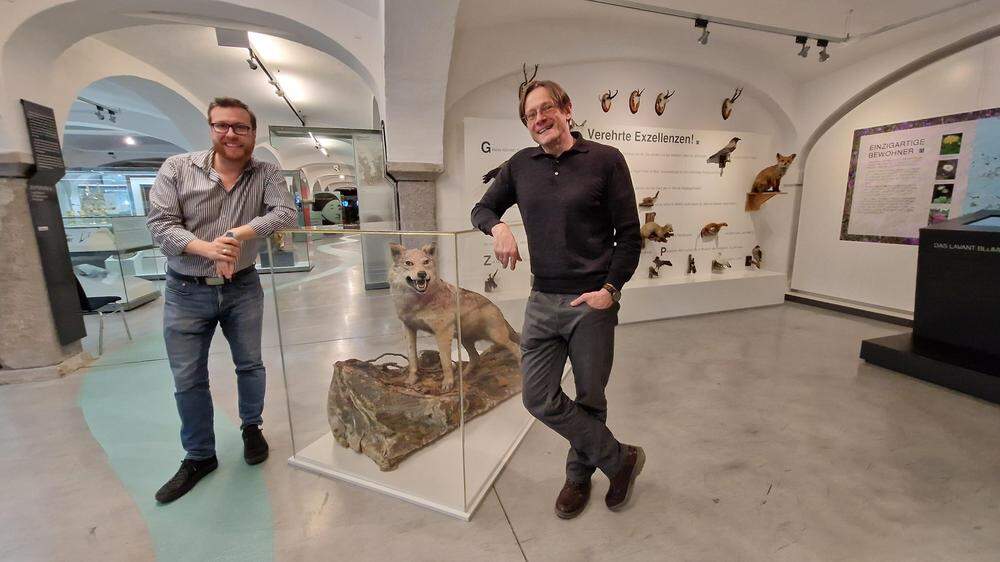 Im Bild: Daniel Strassnig und Christian Bachhiesl vom Museum im Lavanthaus mit dem „Bauernschreck“