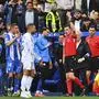 Real Madrid's Kylian Mbappe, 3rd left is shown a red card by the referee during a Spanish La Liga soccer match between Alaves and Real Madrid at the Mendizorroza stadium in Vitoria, Spain, Sunday April 13, 2025. (AP Photo/Miguel Oses)