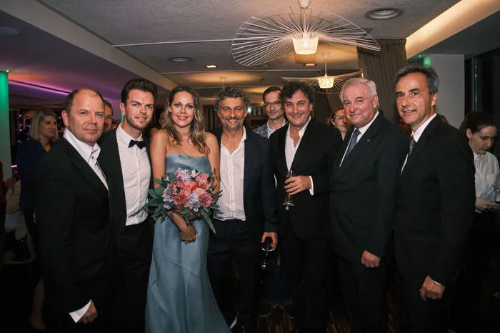 Bühnen Graz-Geschäftsführer, Bernhard Rinner, Dirigent Marcus Merkel, Kristine Opolais (Tosca), Jonas Kaufmann (Cavaradossi), Ludovic Tezier (Scarpia), Landeshauptmann Hermann Schützenhöfer und Bürgermeister Siegfried Nagl.